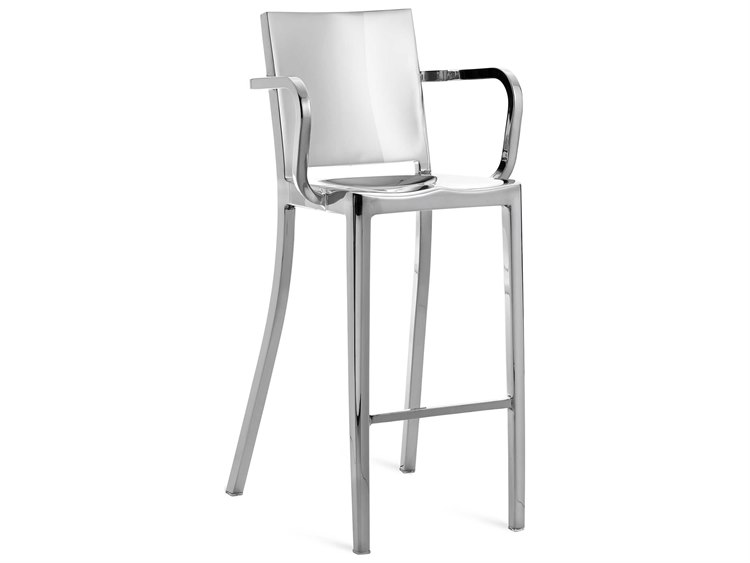 Emeco Outdoor Hudson Polished Aluminum Bar Stool with Arms