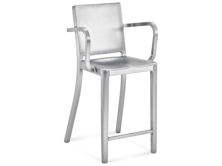 Emeco Outdoor Hudson Brushed Aluminum Counter Stool with Arms