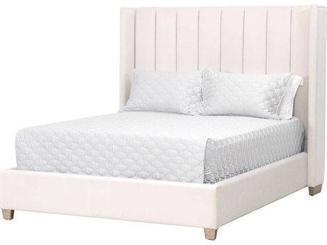 Luxecor Respite Cream Velvet Natural Gray White Oak Wood Upholstered Queen Platform Bed
