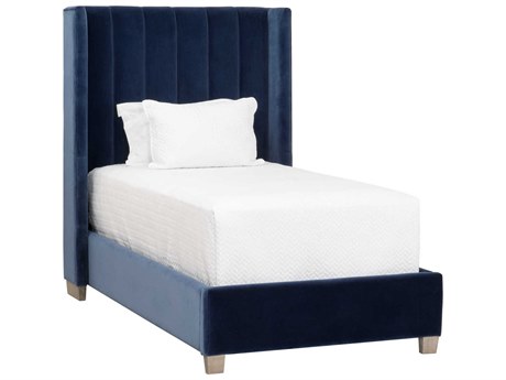 Essentials for Living Stitch & Hand Chandler Denim Velvet Natural Gray Oak Blue Wood Upholstered Twin Panel Bed