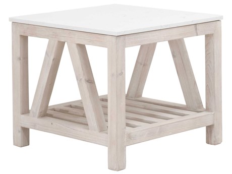 Essentials for Living Bella Antique Square Stone White Wash Pine Quartz End Table