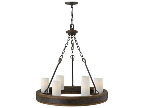 Fredrick Ramond Cabot 6-Light Rustic Iron Vintage Walnut Black Glass Cylinder Chandelier