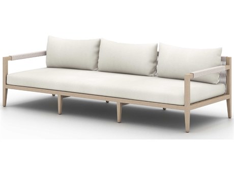Four Hands Outdoor Solano Washed Brown Teak / Grey Rope Sofa with Natural Ivory Cushion