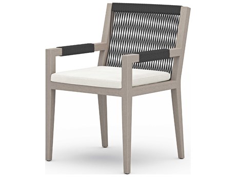 Four Hands Outdoor Solano Weathered Grey Teak / Dark Grey Rope Dining Chair with Natural Ivory Cushion