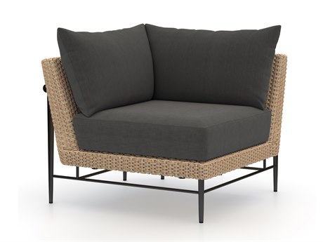 Four Hands Outdoor Solano Natural Hyacinth / Washed Brown Bronze Aluminum Resin Teak Corner Lounge Chair with Charcoal Cushion