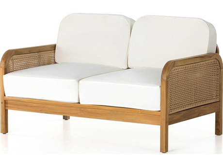 Four Hands Outdoor Duvall Natural Teak / Faux Rattan Loveseat with Natural Ivory Cushion