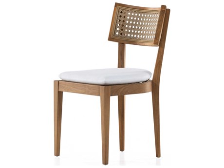 Four Hands Outdoor Grass Roots Natural Teak / Faux Rattan Dining Chair with Stinson White Cushion