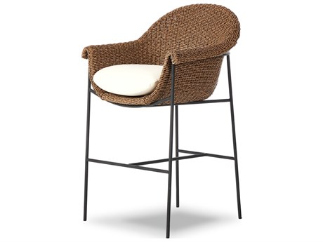 Four Hands Outdoor Grass Roots Suerte Iron Wicker Cushion Bar Stool in Arashi Salt