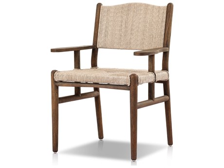 Four Hands Outdoor Grass Roots Herrin Teak Wicker Dining Arm Chair in Vintage White