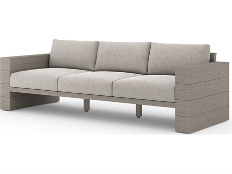 Four Hands Outdoor Grass Roots Leroy Weathered Teak Cushion Sofa in Stone Grey