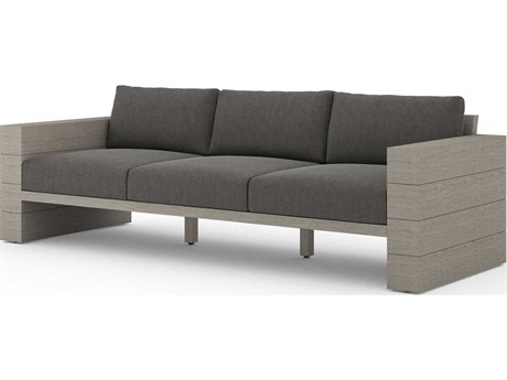 Four Hands Outdoor Grass Roots Weathered Grey Teak Sofa with Charcoal Cushion