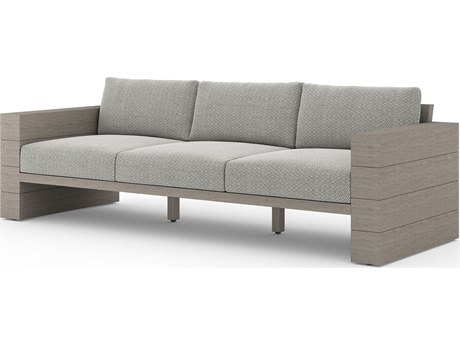 Four Hands Outdoor Grass Roots Leroy Weathered Grey Teak Cushion Sofa in Faye Ash