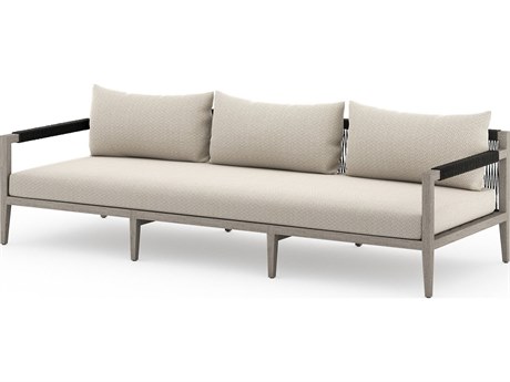 Four Hands Outdoor Solano Sherwood Weathered Grey Teak Cushion 93" Sofa in Faye Sand