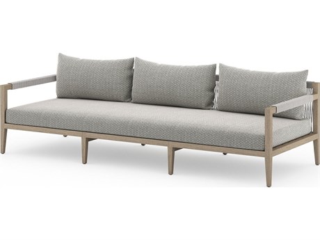 Four Hands Outdoor Solano Sherwood Washed Brown Teak Cushion 93" Sofa in Faye Ash