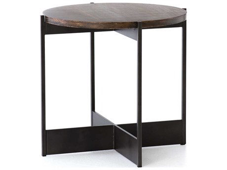 Four Hands Hughes Shannon Round Wood Smoke Grey English Brown Oak Veneer End Table