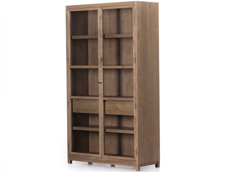 Four Hands Irondale Millie Oak Wood Tempered Glass Drifted Display Cabinet
