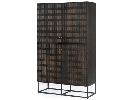 Four Hands Aiden Kelby Mango Wood Gunmetal Carved Vintage Brown Display Cabinet