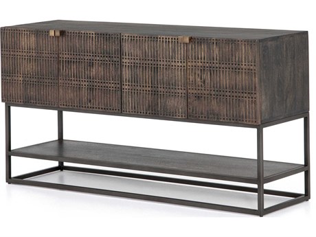 Four Hands Aiden Kelby Rectangular Wood Gunmetal Aged Brass Carved Vintage Brown Console Table