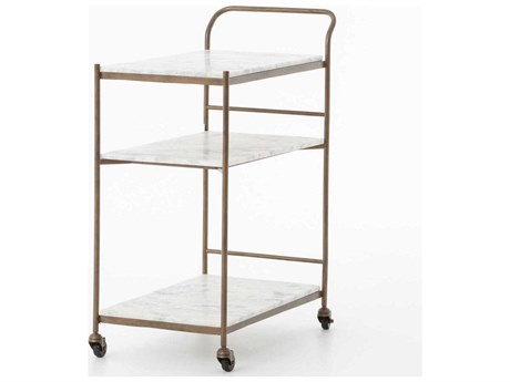 Four Hands Marlow Antique Brass White Marble Bar Cart