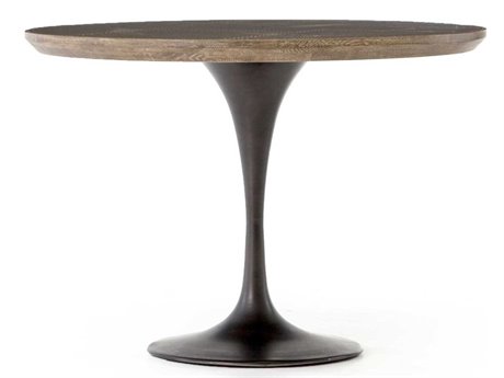 Four Hands Hughes Powell Round Wood Bright Brass Clad Dark Rustic Black Light Burnt Oak Dining Table