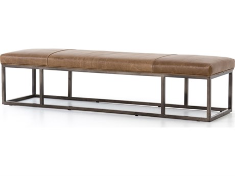 Four Hands Easton Dakota Warm Taupe Light Gunmetal Brown Leather Accent Bench