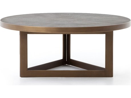 Four Hands Bentley Shagreen Round Faux Leather Antique Brass Grey Coffee Table