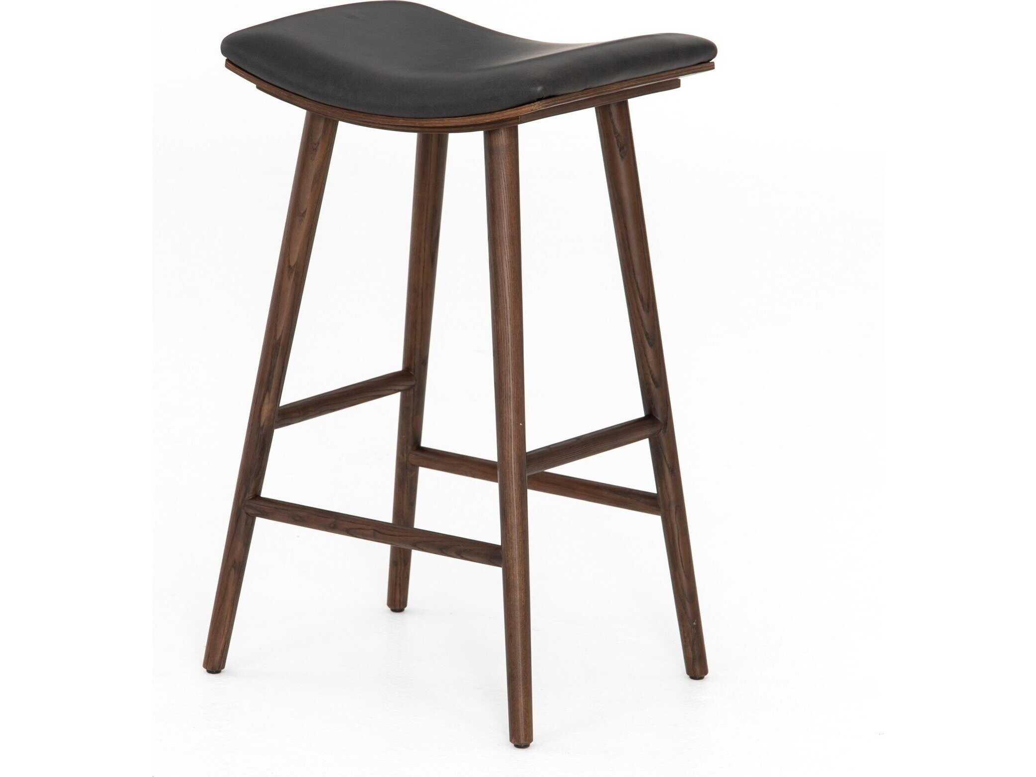 Shiela Modern Classic Black Leather Brown Wood Bar Stool