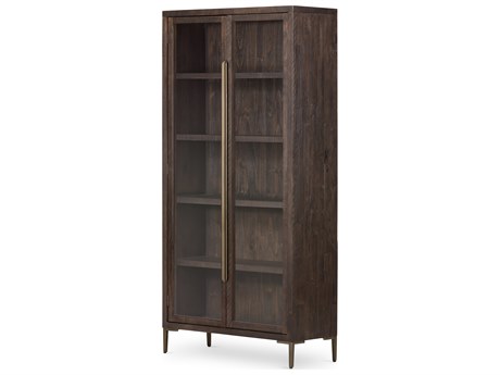 Four Hands Wyeth Pine Wood Dark Carbon Tempered Glass Antique Brass Display Cabinet