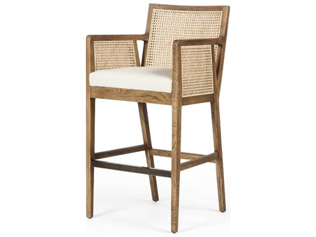 Four Hands Belfast Antonia Upholstered Solid Wood Light Natural Cane Toasted Parawood Brass Kickplate Savile Flax Bar Stool