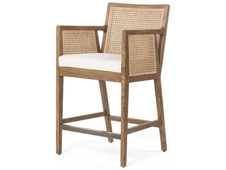 Four Hands Belfast Antonia Upholstered Solid Wood Light Natural Cane Toasted Parawood Brass Kickplate Savile Flax Counter Stool