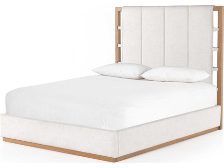 Four Hands Berman Barnett Burnished Oak Dover Crescent White Wood Upholstered Queen Platform Bed