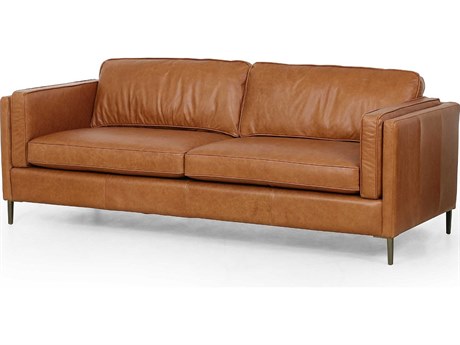 Four Hands Norwood Emery Sonoma Butterscotch Antique Brass Brown Leather Sofa