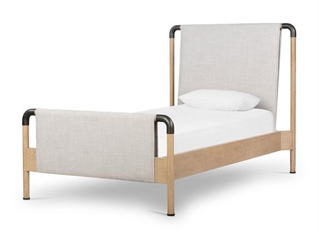 Four Hands Bolton Harriett Gibson Wheat Yucca Oak Aged Gunmetal Beige Wood Upholstered Twin Panel Bed