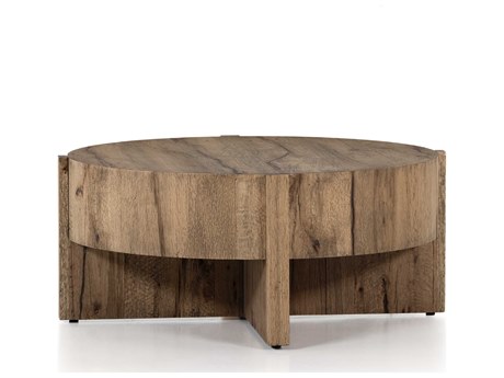 Four Hands Wesson Bingham Round Wood Rustic Oak Veneer Coffee Table