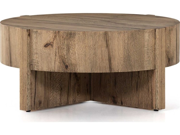 Four Hands Wesson Bingham 41" Round Wood Rustic Oak Veneer Coffee Table