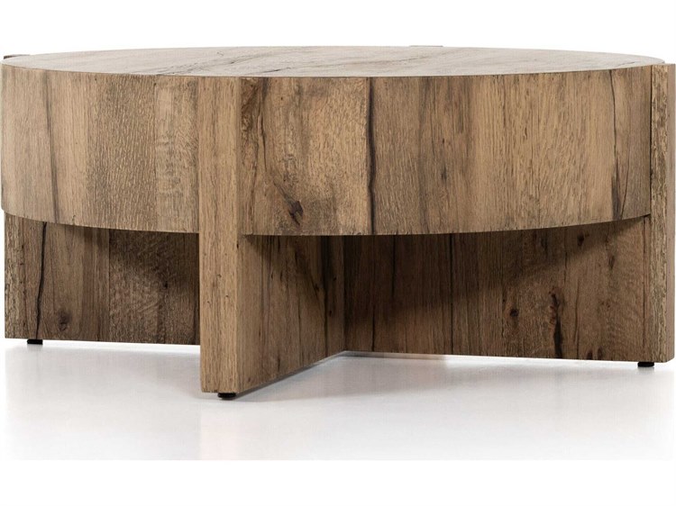 Four Hands Wesson Bingham 41" Round Wood Rustic Oak Veneer Coffee Table