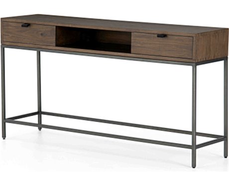 Luxecor Globetrotter Trey Rectangular Wood Natural Iron Auburn Poplar Black Leather Console Table