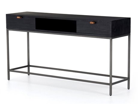 Four Hands Fulton Trey Rectangular Wood Natural Iron Black Wash Poplar Toffee Leather Console Table