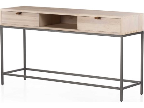 Four Hands Fulton Trey Rectangular Wood Natural Iron Dove Poplar Toffee Leather Console Table