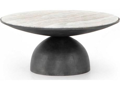 Four Hands Marlow Corbett Round Creamy Taupe Marble Hammered Grey Coffee Table