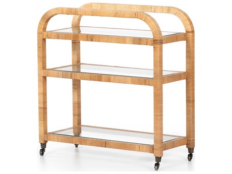Four Hands Grass Roots Wood Brown Wrapped Honey Rattan Tempered Glass Bar Cart