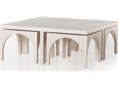 Four Hands Belfast Amara Square Wood Off White Oak Solid Coffee Table with Nesting Stools