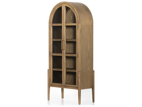 Four Hands Irondale Tolle Oak Wood Antique Brass Tempered Glass Drifted Display Cabinet