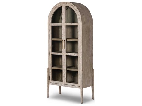 Four Hands Irondale Tolle Oak Wood Warm Natural Rustic White Tempered Glass Antique Brass Display Cabinet
