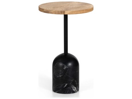 Four Hands Rockwell Fay Round Wood Black Marble Dark Kettle Natural Oak End Table
