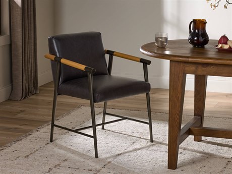 Four Hands Grayson Rowen Leather Oak Wood Black Upholstered Arm Dining Chair