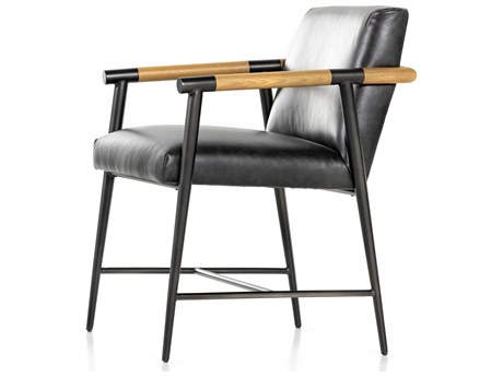 Four Hands Grayson Rowen Leather Oak Wood Black Upholstered Arm Dining Chair