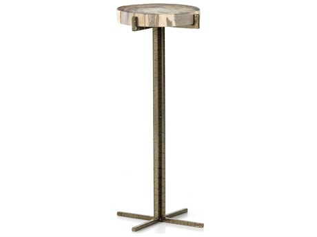 Four Hands Palu Jonty 9" Round Textured Brass Light Petrified Wood End Table