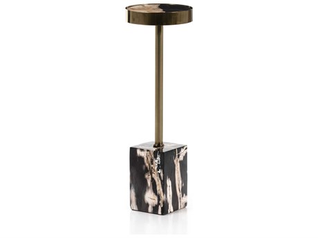 Four Hands Palu Bevin 8" Round Dark Petrified Wood Shiny Brass End Table