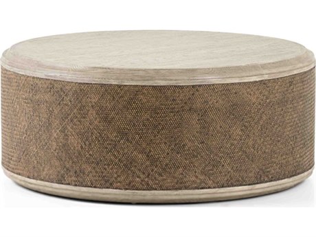 Four Hands Hughes Kiara Round Wood Weathered Blonde Pine Rustic Rattan Coffee Table